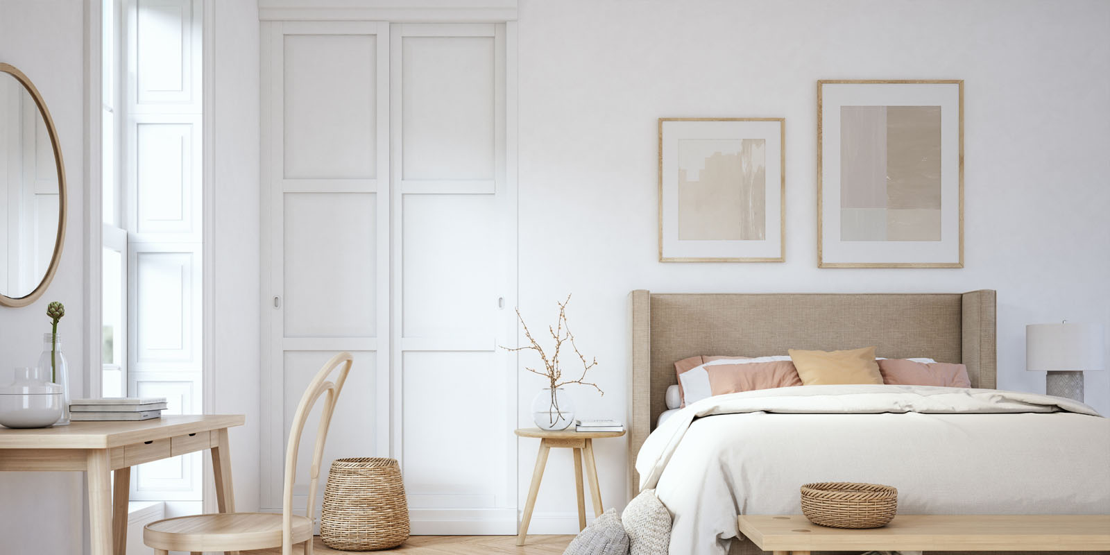 A bedrom filled with color white, cream, and brown.