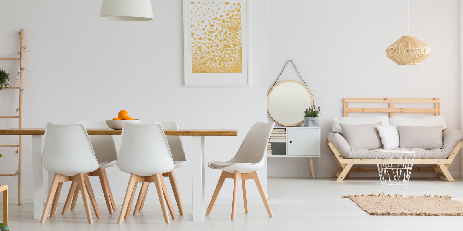 A dining area themed with color white and brown